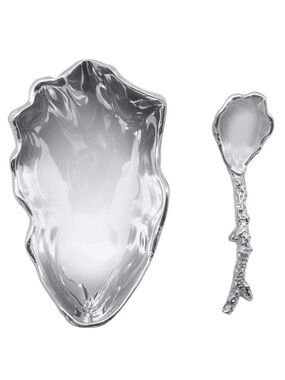 Mariposa Silver Oyster Shell Dish Serving Bowl Matching Coral Spoon